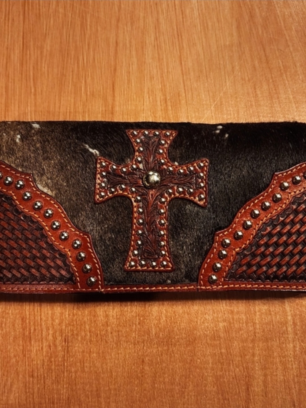 Studded Brown Hair-on Hide Wallet with Cross Accent